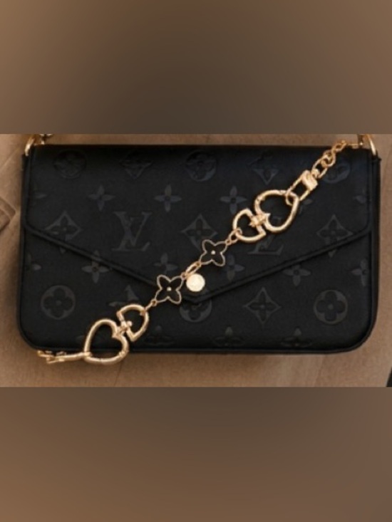 unbranded Handbags - Black Embossed Leather crossbody Bag with Gold Chain and Decorative Charms